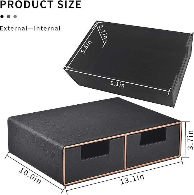 Linen Leather Desk Organizer and monitor stand with Drawers－Mini Desktop Drawer Organizer Stackable－Tabletop Organization Storage Box for Office Supplies Home Vanity Toiletries (Black, 2-drawers)
