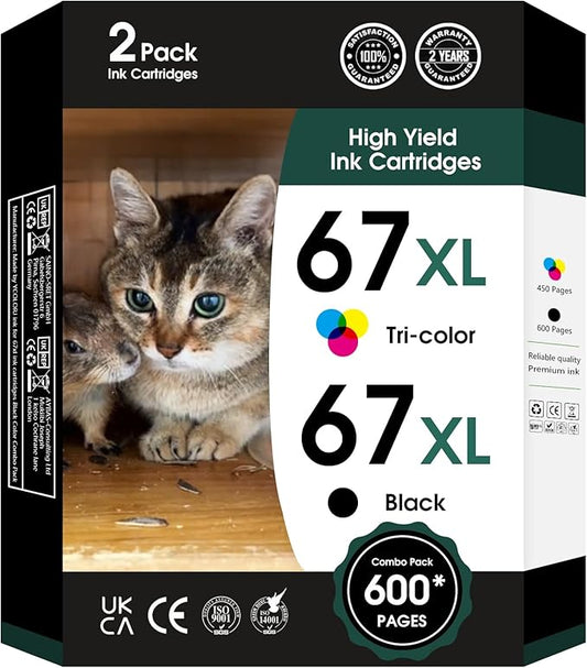 67XL Ink Cartridges Black Color Combo Pack Replacement for Ink 67 67XL 67XXL DeskJet 2755e 2755 2700e 2700 2734e 4155e Envy 6055e 6400 6000 Envy Pro 6458 Printer(1 Black and 1 Color)