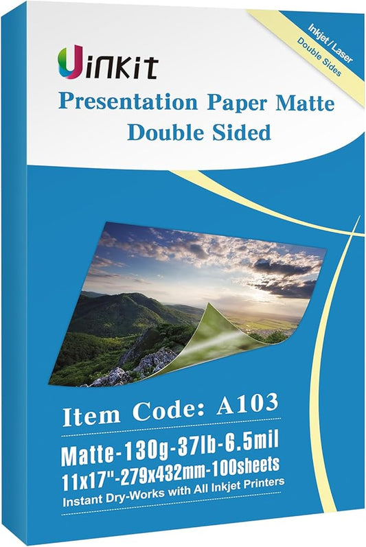 Uinkit 100 Sheets 11x17 A3 Thin Matte Presentation Paper Photo Double Sided 38lb 140gsm Printable on Both Sides Brochure Photos Picture Poster Playbill Flyer Coated for laser and Inkjet Printer