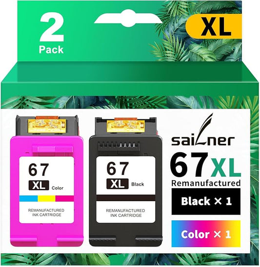 SAILNER 67XL HP Printer Ink, Replacement for HP Ink 67 for HP 67 Ink cartridges Black/Color Combo Pack, Compatible with DeskJet 2755e 2855e 2700e 4155e 2734e 2827e 4100e Envy 6055 6455e Printer 67XL