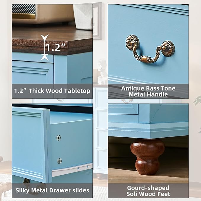Farmhouse 5 Drawer Dresser Set of 2 for Bedroom, 45" Tall Vintage Chests of Drawers w/ 4 Solid Wood Feet, Mid Century Rustic Closet Storage Dressers Organizer for Living Room, Light Blue