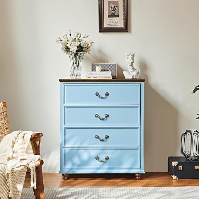 Farmhouse 4 Drawer Dresser for Bedroom, 37" Tall Rustic Chests of Drawers w/ 4 Solid Wood Feet, Mid Century Modern Wooden Closet Storage Dressers Organizer for Living Room, Hallway, LightBlue