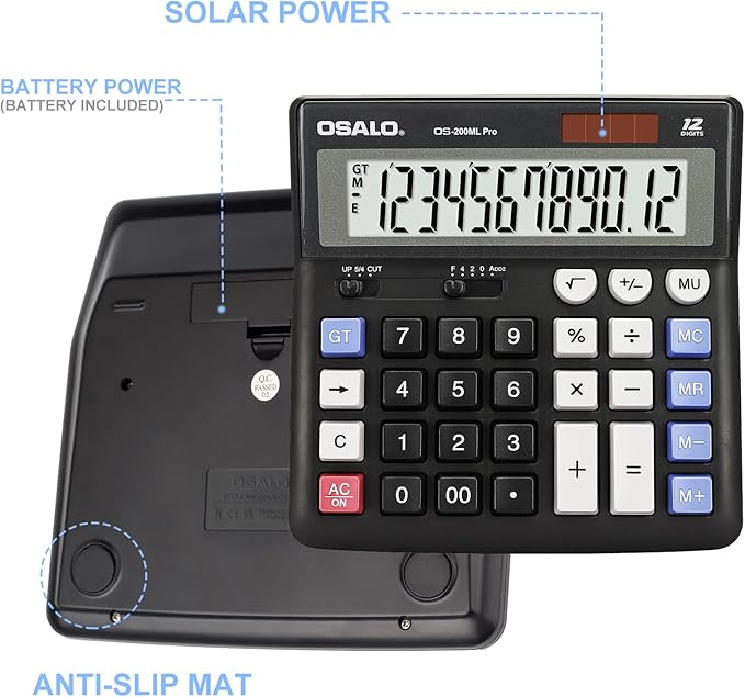 OSALO Desktop Calculator Extra Large Display 12 Digits Big Buttons Solar Accounting Calculator for Office Black (OS-200ML)