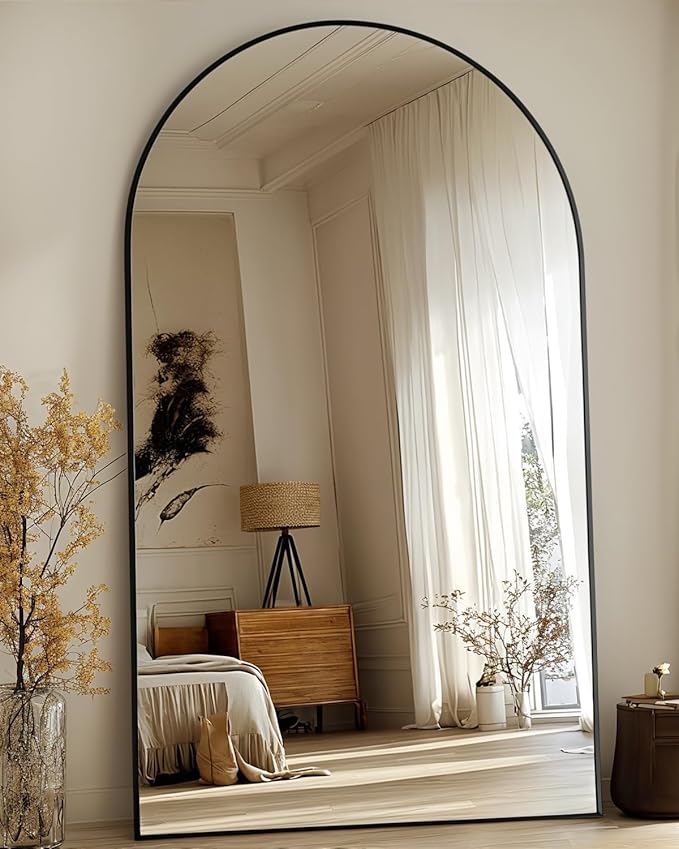 Full Length Mirror, 91"x46" Oversized Floor Mirror Freestanding, Full Body Floor Standing Mirrors with Stand, Hanging Mounted for Bedroom Living Room, Black, Arched Style