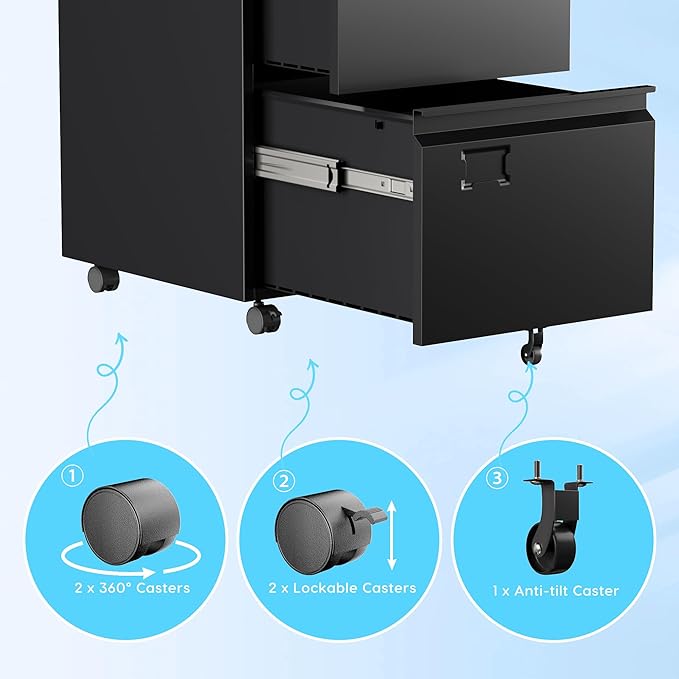 Aobabo 2 Drawer File Cabinet, Lockable Metal Filing Cabinet with Wheels for Home Office, Legal/Letter Size, Required Assembled,Black