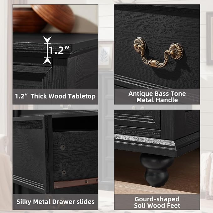 Farmhouse 5 Drawer Dresser for Bedroom, 45" Tall Rustic Chests of Drawers w/ 4 Solid Wood Feet, Mid Century Modern Wooden Closet Storage Dressers Organizer for Living Room, Hallway, Black