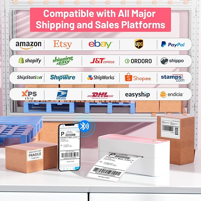Phomemo Thermal Shipping Label Printer, 241BT Label Printer for Shipping Packages & Small Business, Pink 4x6 Bluetooth Label Printers Compatible with Android iOS Windows, Amazon, Ebay,UPS, Shopify
