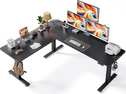SIAGO L-Shaped Standing Desk - 75 x 63 Inch Adjustable Corner Standing Desk with Charging Station - L Shape Sit Stand Table with Memory Controller, Splice Board for Home Office