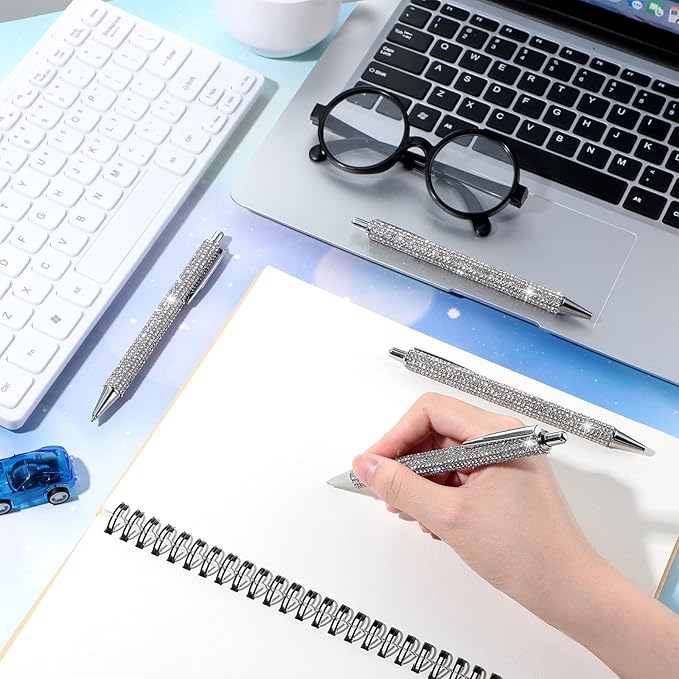 Jeyiour 6 Pcs Bling Pen Cute Diamond Wedding Rhinestones Gift Metal Ballpoint Fancy Sparkly Crystal Retractable Black Ink Pen for Women Office Birthday 0.7mm(Silver)