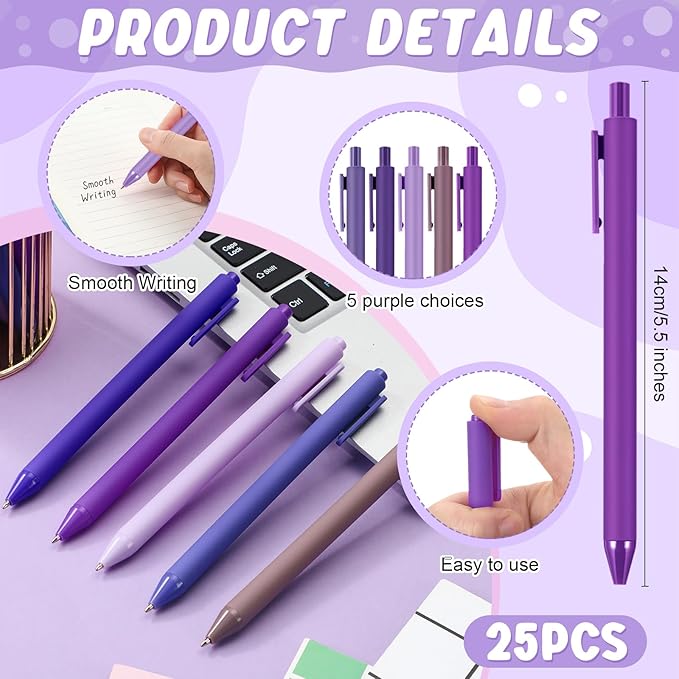 25 Pcs Ballpoint Pens Bulk Retractable Writing 1. 0 mm Black Ink Cute Pens Smooth Writing Color Fancy Gift for Teacher Student Employee Office School Home Baby Shower Supplies (Purple Series)