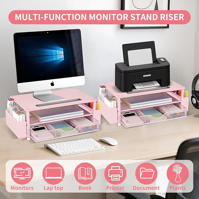 AUPSEN Pink Desk Organizers and Accessories, 2-Tier Wood Computer Monitor Stand with Drawer, Pen Storage & Phone Holder, Office Desk Accessories, Workspace Desktop Organization for Office Supplies