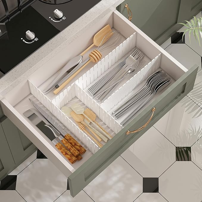 ALBAD Plastic Drawer Dividers Adjustable Drawer Organizer Dividers Separator for Tidying Clutter/Cutlery/Underwear/Socks/Clothes/Dresses/Boxes/Bins in Kitchen Bathroom Bedroom Office (8)