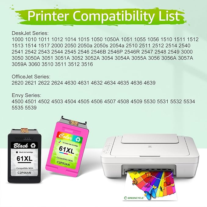 GREENCYCLE 61XL Ink Cartridges Combo Pack Replacement for HP 61 XL Black and Color Ink Compatible with Envy 4500 5530 Deskjet 1000 1056 1510 1512 1010 1055 OfficeJet 4630 Printer,2 Pack