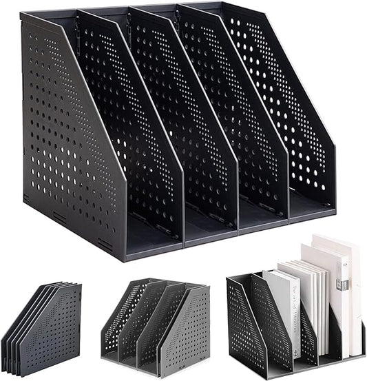 Lemical Magazine Holder 4 Vertical Compartments Collapsible Magazine File Holder Space Saving Rack Home Kitchen Desk Organizer No Need Assemble (Black)