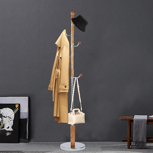 Coat Racks FreeStanding with 14 Hooks, Natural Wood Coat Rack with Solid Round Base, Adjustable Height Coat Racks, Easy Assembly for Hallway, Bedroom and Office (Solid Wood Metal Hook)
