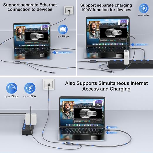 USB C to Ethernet Cable with Charging 15 Feet, USB-C Male 100W PD & Gigabit LAN - Image 4