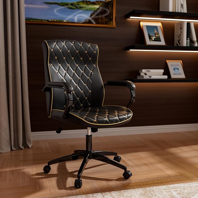 Black Office Chair with Soft Leather Embroidery, Mid Back Vintage Swivel Executive Desk Chair with Wheels and Padded Arms, Adjustable Height