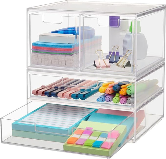 STORi Chloe Space-Saving Clear Drawer Organizer (4 Drawer Set) Sort Office, Kitchen, Beauty Supplies, Makeup, Pens, Jewelry, Stationary, Made in USA
