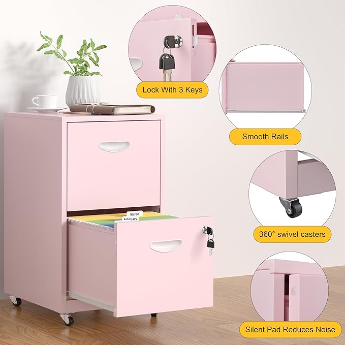 2 Drawer File Cabinet with Lock，Pink Rolling File Cabinet for Home Office, Metal Small Mobile Filing Cabinets on Wheels for Hanging Letter