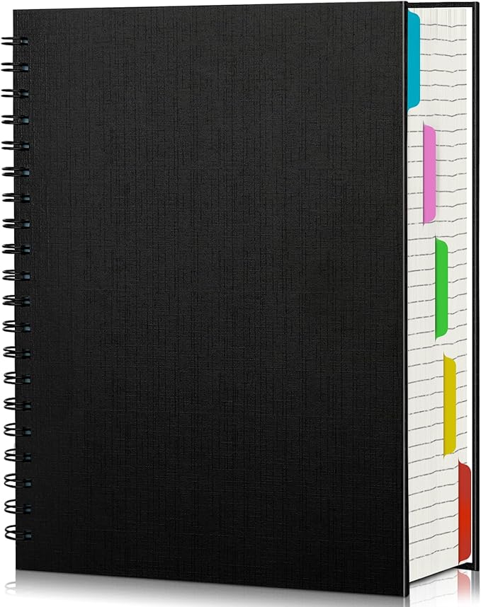 EUSOAR 5 Subject Spiral Notebook, 1pcs B5 7.3"x10.2" College Ruled Hardcover Writing Pads with 100GSM Lined Paper, 120Sheets/ 240Pages, for Note Taking School Business Work Writing Diary, Black