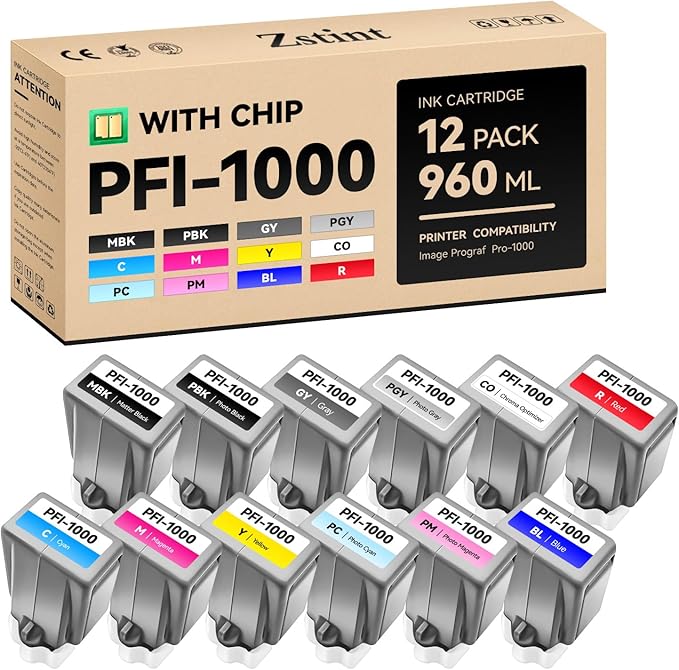 PFI-1000 Ink Tank set 12-Pack 80ml High Capacity with Chip Replacement for Canon PFI-1000 PFI1000 Ink Cartridges Compatible for Canon ImagePROGRAF PRO-1000 Printer Photographic Inkjet Color Twelve Ink