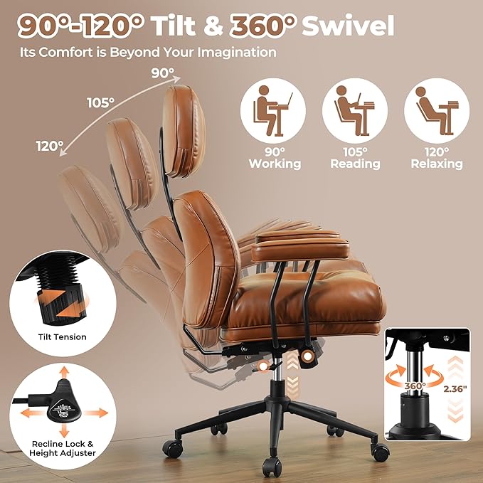 ovios Ergonomic Home Office Chair, Mid-Century Modern Faux Leather Chairs with Thickened Cushions, Comfy High Back Swivel Rolling Executive Computer Armchair (Brown, PU Leather)