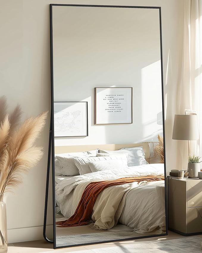 Full-Length Floor Mirror with Stand, 71"x32" Rectangle Style Full Body Standing Mirror for Bedroom, Living Room, Gym, Dorm - Shatter-Resistant & Easy Assembly, Black