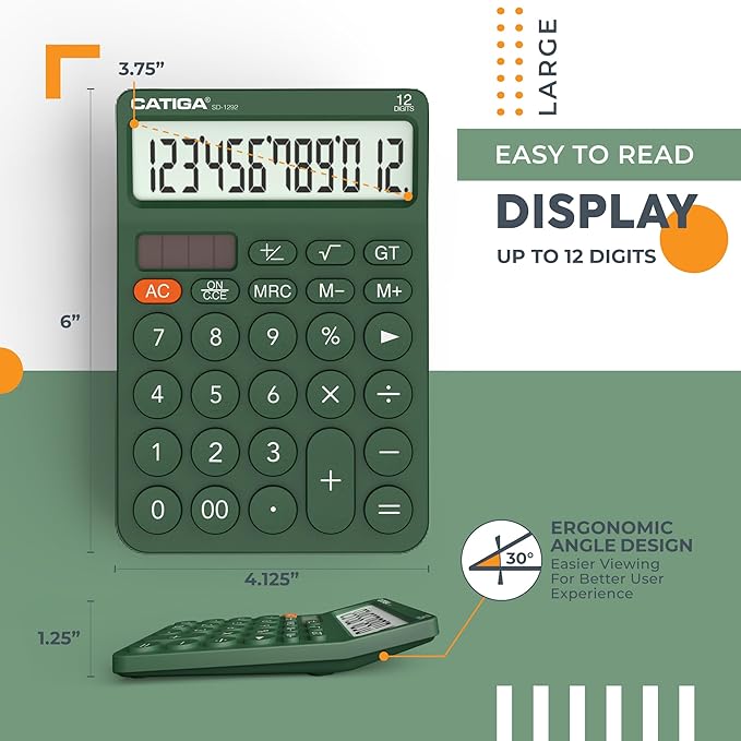 CATIGA 12 Digit Desktop Calculator Basic Desk Calculator with Large LCD Display, Big Buttons, 4 Function, Solar and Battery Dual Power, for Office, School, Home, SD-1292 Green