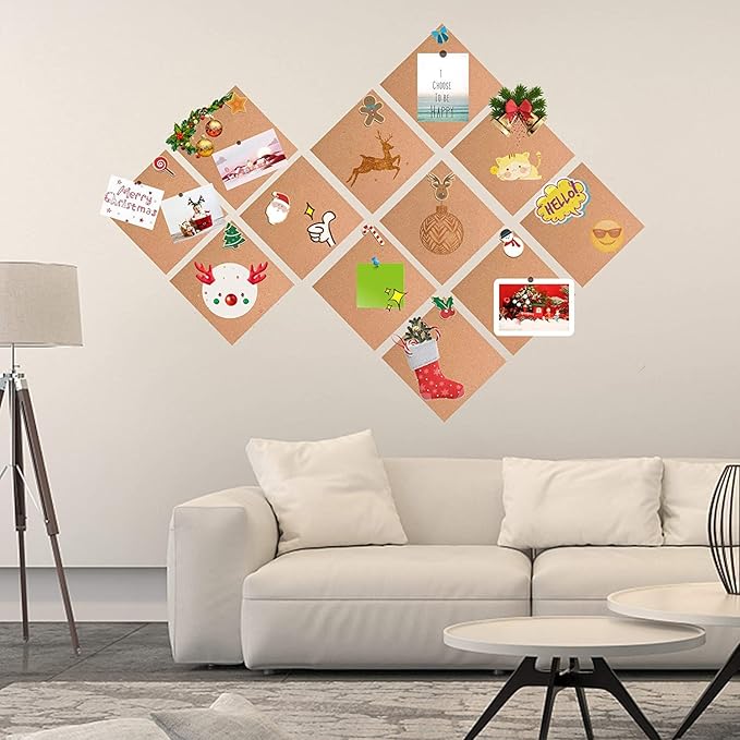 SUNGIFT Cork Board 12"x12" - 1/2" Thick Square Bulletin Boards 12 Pack Cork Tiles with 100 PCS Push Pins Mini Wall Self-Adhesive Corkboards Tiles for Wall