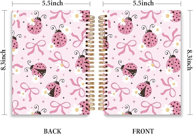 JXREQ Coquette Pink Bow Ladybug Floral Notebook Journal for Women Note Taking Study Writing, Preppy School Supplies, Pink Preppy Floral Spiral Notebooks 5.5x8.3