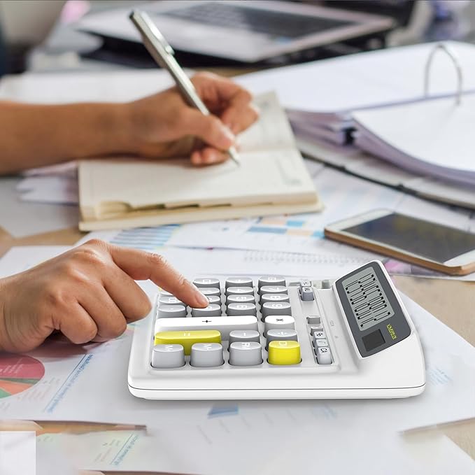 Desktop Calculator with Extra Large 5-Inch LCD Display, 12-Digit Two Way Power Solar & Battery Office Calculator with Big Buttons for Business, Accounting & Home Use(White)