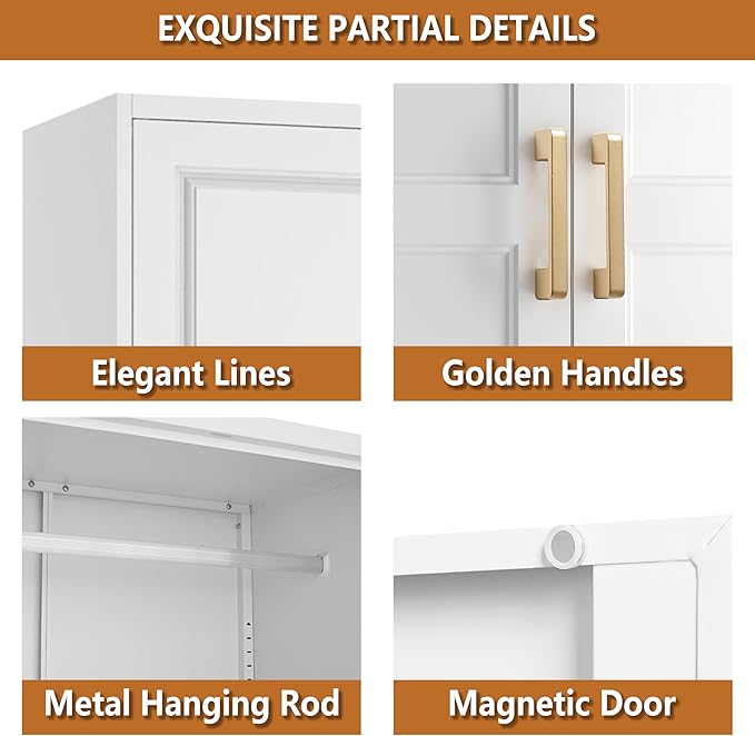 Metal Armoire Wardrobe Closet with Doors and Shelves, 71" Tall Freestanding Wardrobe Cabinet for Hanging Clothes, Large Closet with Hanging Rod for Bedroom, White, Assemble Required