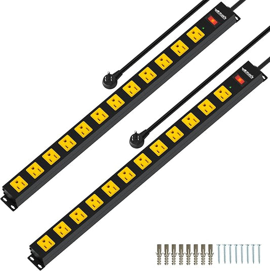 12 Outlet Long Power Strip, 2100 Joules Surge Protector, 6FT Power Cord, Wide Spaced Outlet Power Bar, Overload Protection Switch, Industrial Heavy Duty for Work Bench, Shop, Garage, 2 Pack…