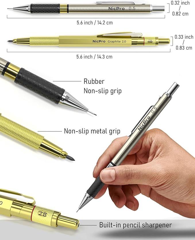 Nicpro 30PCS Art Mechanical Pencils Set in Leather Case, Gold Metal Drafting Pencil 0.5, 0.7, 0.9 mm, 2mm Lead Pencil Holder for Sketching Drawing With 16 Tube (6b 4B 2B HB 2H 4H Colors) Lead Refill