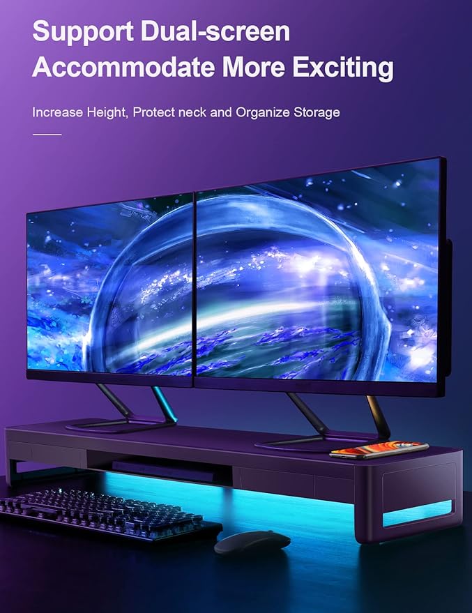 meatanty Dual Monitor Stand Riser with 2 Storage Drawers, Metal Computer Monitor Stand Monitor Shelf with Pull Out Drawer, Keyboard and Mouse Storage Desktop Organizer for PC,Laptop,iMac,TV,Printer