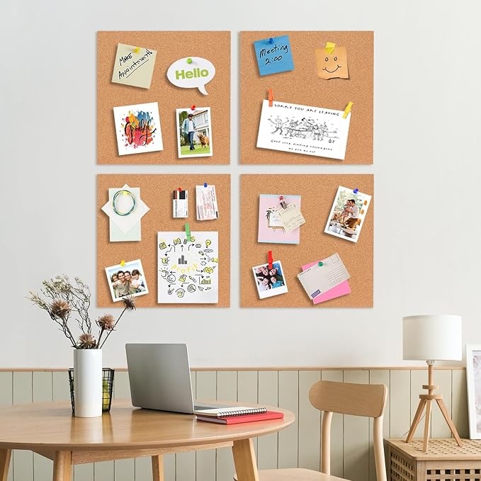 Cork Bulletin Square Board for Walls - SVOPY 4 Pack Extra Thick 12x12 Inches Cork Board Tiles for Home Office Decor, Cork Sheet,School Message Board Decorative Display Boards
