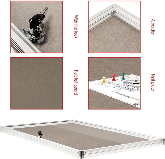 BIBOC Enclosed Felt Bulletin Board 36x24 inch Lockable Cork Noticeboard Display Cases Tamperproof Notice Poster Memo Board with Class Aluminum Frame (Felt, 24×36 inches)