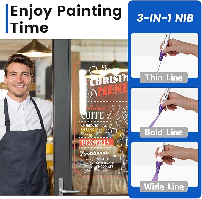 Jumbo Chalk Markers for Windows Washable, 8 Metallic Colors Liquid Chalk Pens Erasable with 10mm Thick Tips for Auto, Glass, Mirror, Poster, Bistro, Blackboard, Car of DIY