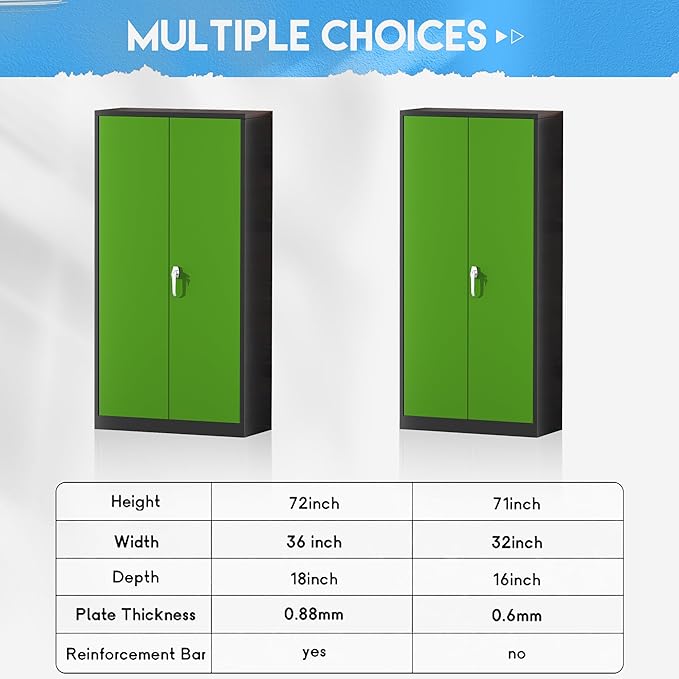 Greenvelly Metal Storage Cabinet,72" Steel Storage Cabinets with Doors and Adjustable Shelves, Metal Tool Cabinets, Locking File Cabinet for Home Office, Garage, School (Black Green36 Wx18 D)