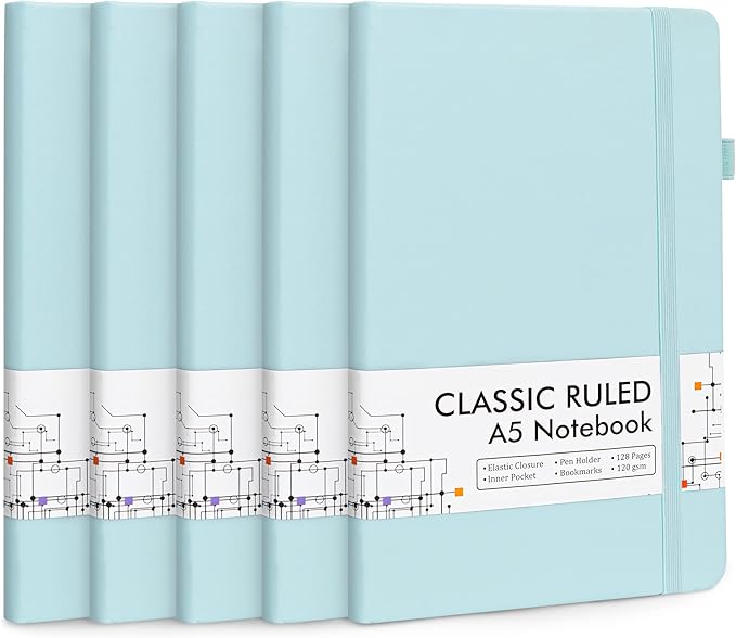 feela 5 Pack Notebooks Journals Bulk, Hardcover Notebook Classic Ruled Lined Journals with Pen Holder for Women Girls School Business Supplies, with 5 Black Pens, 120 GSM, 5.1”x8.3”, A5,Sky Blue