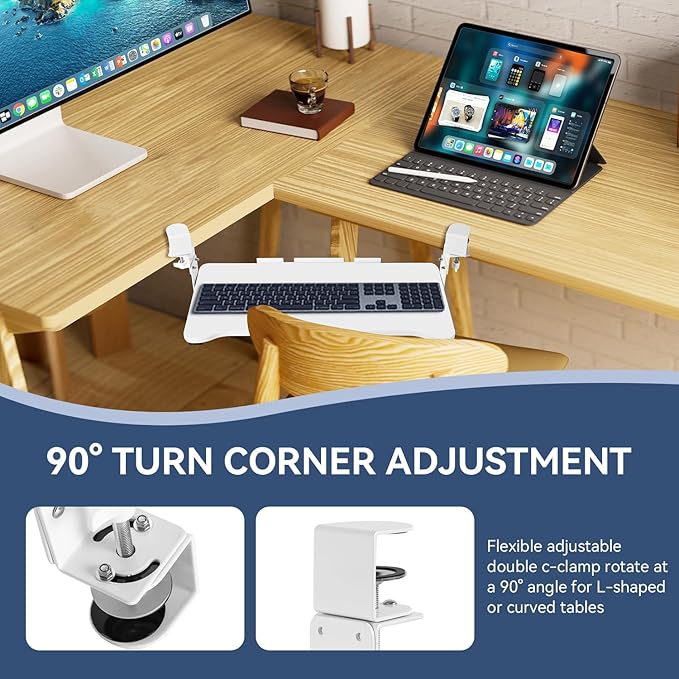 VUSIGN Keyboard Tray Under Desk Height Adjustable,Pull Out with Adjustable C Clamp Mount System for L-Shaped Tables, Extra Sturdy, 26.4” x 11.8” Slide-Out Platform Computer Drawer for Typing,White