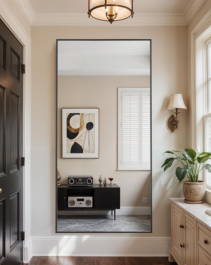 Full Length Mirror, 71"x28" Oversized Floor Mirror Freestanding, Full Body Mirror Floor Standing Mirrors with Stand, Hanging Mounted Mirrors for Bedroom Living Room, Black, Rect Style