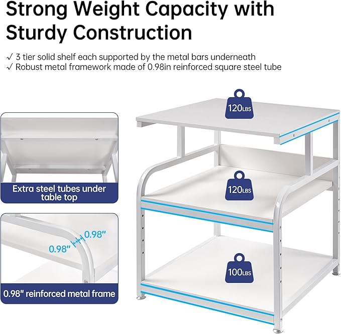 Printer Stand, 25.6" x 23.6" x 30.9" Extra Large Printer Table with Adjustable Storage Shelf, 3 Tier Rolling Printer Cart with Industrial Wheels for Home Office, White