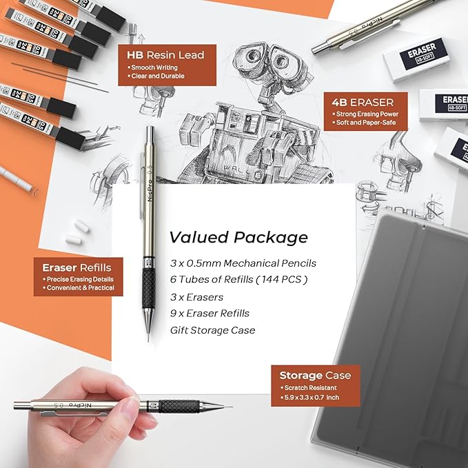 Nicpro RG1000 0.5 mm Art Mechanical Pencil Set in Storage Case, 3 PCS Metal Drafting Pencil Lead Pencil with 6 Tube HB Refills, 3 Erasers, 9 PCS Eraser Refills for Artist Writing, Drawing, Sketching