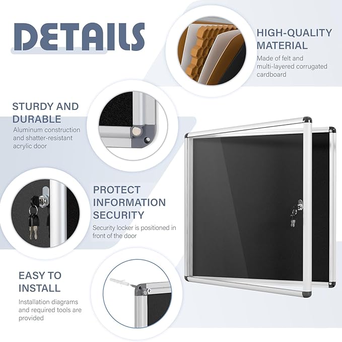 Enclosed Bulletin Board Lockable Display Case Message Board with Locking Door for Indoor, Black Felt, Silver Aluminum Frame, 28x26 inch (6xA4)