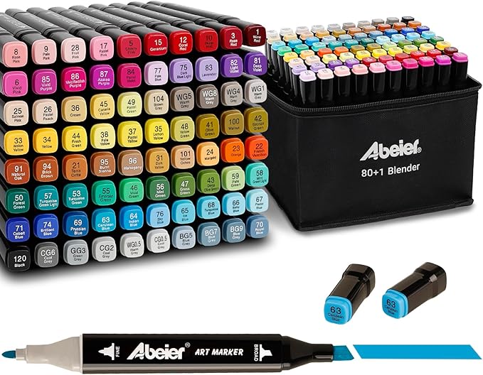 ABEIER 80 Color Alcohol Based Dual Tip Markers Set, Plus 1 Colorless Blender Pen, Permanent Sketch Markers for Kids, Adults Coloring and Artist Illustration