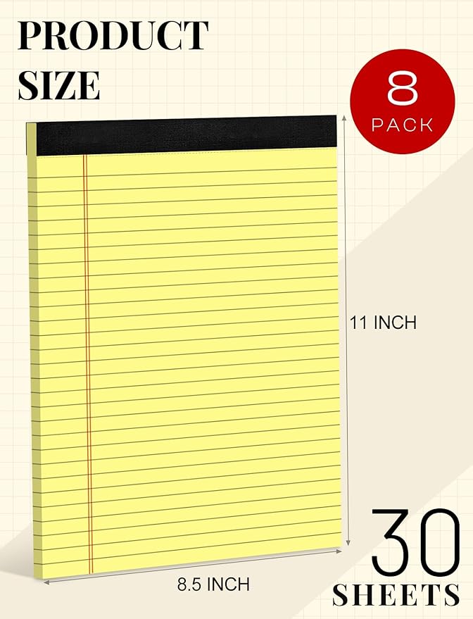 8 Pack Yellow Legal Pads 8.5 x 11 Wide Ruled Note Pads 8.5 x 11 Lined Paper Writing Pads Yellow Notepads 8.5 x 11 Notebook Paper for Work Legal Notepads Yellow Pads of Paper 30 Sheets per Legal Pad
