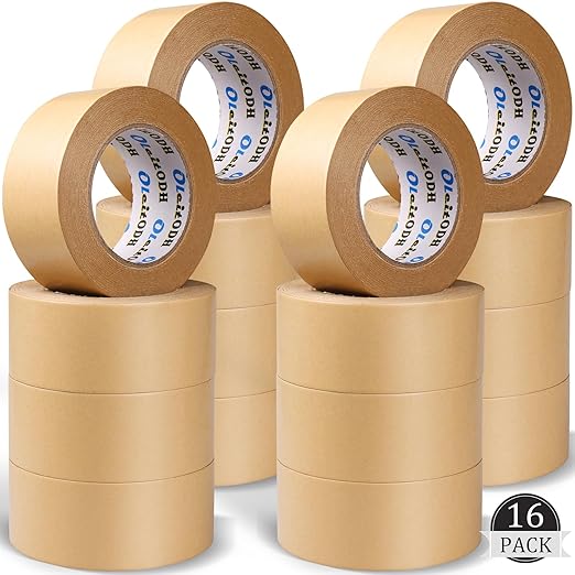 16 Pack Brown Paper Packing Tape, Kraft Paper Tape Bulk 2" x 55 Yardx 7 mil Gummed Tape for Marking, Sealing Box, Masking, Shipping, Strong Adhesive Easy-to-Tear Waterproof Tape