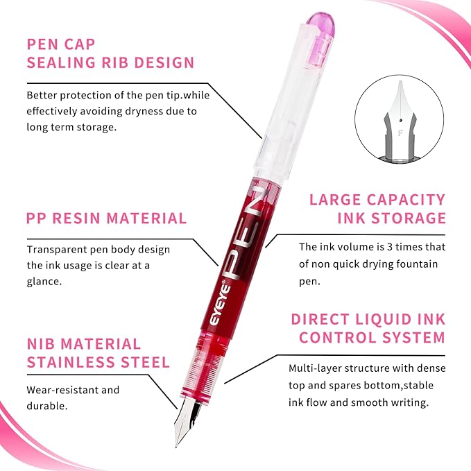 EYEYE Disposable Fountain Pens, 8 Pack Multicolor Fine Point Fountain Pens for Writing, Stainless Steel Nib, Smooth Writing for Calligraphy, Journaling, Drafting, Sketching, Doodling & Gifts