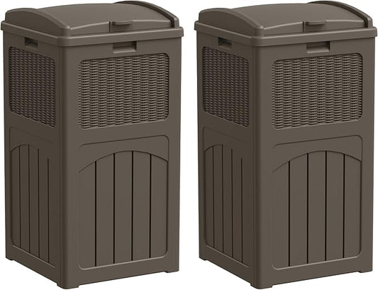 Greesum 33 Gallon Outdoor Trash Can with Lid (2-Pack), Heavy Duty Resin Garbage Bin, Waterproof & UV Resistant for Patio, Garden, Deck, Yard, Brown